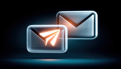 Poster - Email icon with paper plane symbol glowing in blue and orange light on dark background, digital communication concept