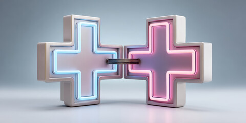 Poster - Neon light cross symbols connected by wire, glowing blue and pink, representing medical or health concepts with modern design