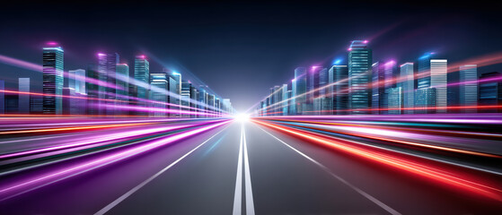 Poster - Futuristic cityscape with glowing skyscrapers and vibrant light trails on highway at night, creating dynamic and energetic atmosphere