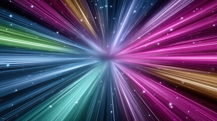 Poster - Colorful light streaks with glowing stars create dynamic cosmic tunnel effect, evoking sense of speed and wonder in space travel