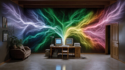 Poster - Vintage computer setup with colorful electric light effects on wall, creating vibrant and dynamic atmosphere in cozy room
