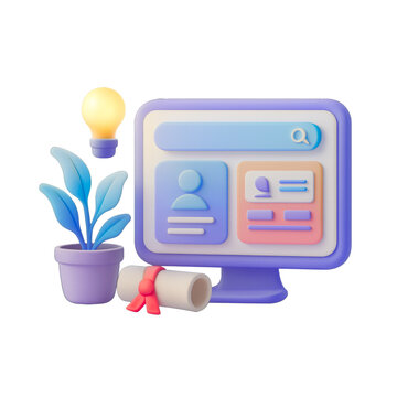 3d illustration of a computer screen with user profiles and a light bulb and diploma isolated on transparent background