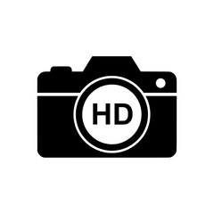Poster - Black camera icon with HD label inside a circle on a white background a simple vector graphic for digital media and technology