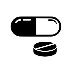 Poster - Black capsule and tablet icon set isolated on white background suitable for medical websites and applications