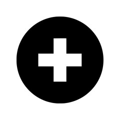 Poster - Black circle plus sign icon with white cross inside isolated on white background suitable for web design and mobile app interfaces