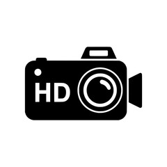 Poster - Black HD video camera icon isolated on white background, simple flat design, perfect for web and app interfaces