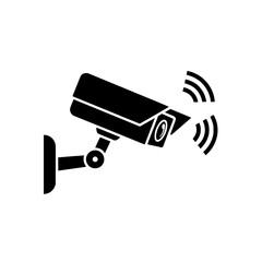 Poster - Black Security Camera Icon with Wireless Signal Vector Graphic Illustration isolated on white background