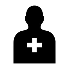 Poster - Black silhouette icon of a person with a white medical cross symbol on their chest isolated on white background suitable for healthcare and medical applications