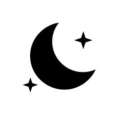 Poster - Crescent moon and stars icon black silhouette vector graphic isolated on white background ideal for night mode app interface design