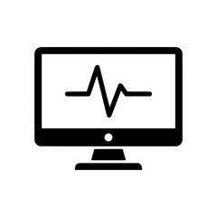 Poster - Computer monitor displaying a heart rate monitor icon black and white vector graphic isolated on white background suitable for medical apps and websites