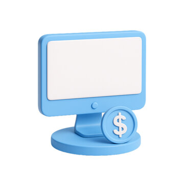 Blue computer monitor with a dollar coin isolated on transparent background