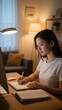 © meng - A woman working at a desk in a warmly lit room, writing notes while using a computer.