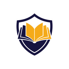 Aufkleber - An open book with orange and yellow pages inside a shield with a dark blue outline on a white background