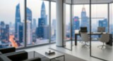 Blurred office room with cityscape view. Modern corporate workspace for business and finance. Abstract background for presentation.