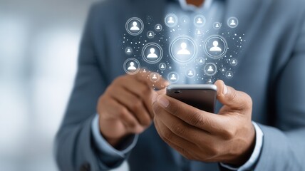 Poster - Businessman is using smartphone for social and media networking, connecting with many people online