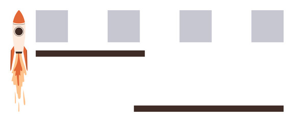 Poster - Rocket ascending beside four sequential blocks showcasing progress stages and two horizontal lines. Ideal for startup growth, project management, success, development, innovation, planning, simple