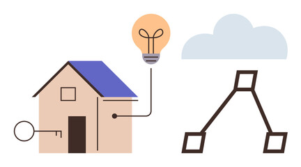 Poster - House connected to cloud via network lines, a glowing lightbulb, and a key. Ideal for technology, innovation, smart homes, IoT, networking energy efficiency digital transformation. Simple flat