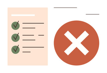 Poster - Checklist with checkmarks symbolizing completed tasks alongside bold red cross signifying error. Ideal for task management, progress tracking, quality control, error reporting, decision-making