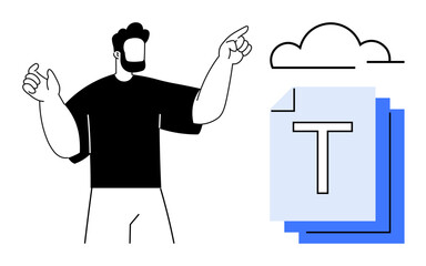 Poster - Man gestures towards cloud and layered text documents, symbolizing data storage, collaboration, and file sharing. Ideal for cloud technology, file management, digital workflow, team collaboration
