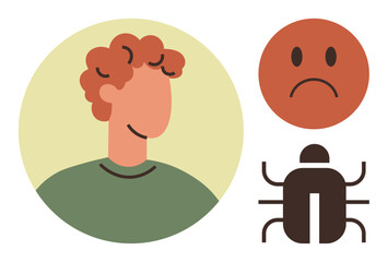 Poster - Curly-haired person, sad face, bug-thumbs up figure depict emotional struggles, problem-solving, debugging issues, confronting negativity, personal growth, mental health vulnerability. Ideal