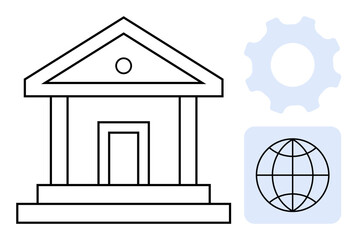 Poster - Classical building structure with triangular roof, cogwheel symbol, and globe icon indicating governance, law, global networking, process management, and innovation. Ideal for administration, policy