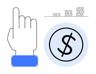 Poster - Hand pointing upward near dollar coin and stacked coins symbolizing finance, savings, and investment. Ideal for business strategy, profit growth, payment, budget planning, banking, currency simple