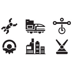 Fototapete - A comprehensive collection of black silhouette vector icons for business, web, and media design, featuring symbols for travel, music, cars, and computers