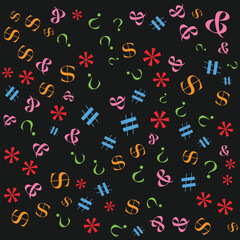 Poster - Symbolic Chaos A Vibrant Mix of Mathematical and Textual Symbols on a Dark Backdrop A Playful Pattern for Educational Designs and Creative Expressions