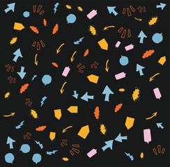 Poster - Dynamic Abstract Pattern with Arrows, Lightning Bolts, and Speech Bubbles on Dark Background - A Modern and Playful Design for Creative Projects and Visual Appeal