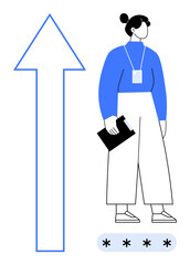 Poster - Person in business attire holding clipboard, alongside a large upward arrow and password entry field, emphasizing themes of growth, leadership, security, and professionalism. Ideal for career