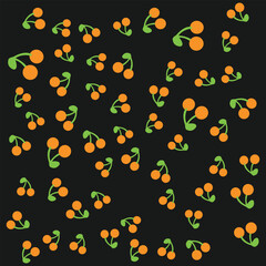 Poster - Orange Cherry Pattern on Dark Background A Playful Design Featuring Bright Orange Cherries with Green Stems for Summer-Themed Projects and Cheerful Digital Art