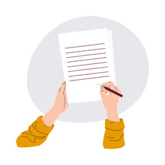 Hands hold a pen and write on paper. A person writes a letter, signs a document. The concept of an agreement, notarization of a document, signing a contract. Vector illustration in flat style.