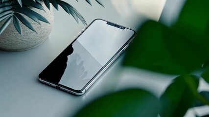 Poster - Smartphone sits on a clean surface with soft lighting, surrounded by lush greenery, highlighting a blend of technology and nature