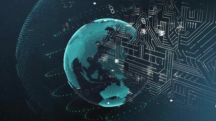 Poster - Data particles swirling into globe before circuit board emerging and forming padlock securing data