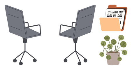Poster - Two office chairs with wheels, a file folder containing documents, and a potted plant. Ideal for workspace, productivity, teamwork, organization, design modern office setup creative metaphor. A