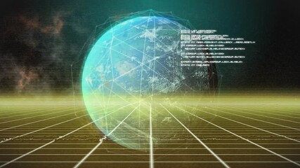 Poster - Upon system startup holographic globe rising and rotating to display flickering network status logs