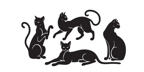 Aufkleber - A collection of five black cat silhouettes in various poses against a white background design element