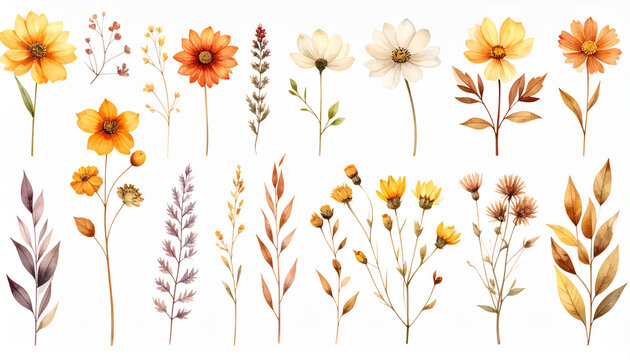 Watercolor floral illustration - wildflowers individual element set. Wedding invitations prints wallpapers fashion background. Yellow white silver.creativity, cut out, paint, rough, splashing, 