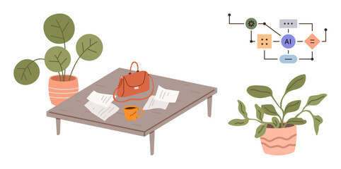 Poster - Wooden table with scattered papers, orange mug, handbag, and potted plants. AI flowchart on side. Ideal for technology, workspace, creativity, innovation productivity home office simple flat