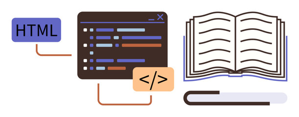 Poster - Programming code window linked with HTML and tag element next to open book. Ideal for coding education, web development, programming, e-learning, digital education, technology, knowledge. Simple flat