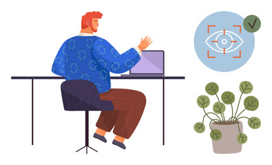 Poster - Back view of a person sitting at a desk using a laptop, eye tracking icon, and potted plant nearby. Ideal for technology, focus, productivity, workspace setup, innovation, mindfulness simple flat