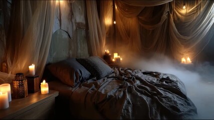 Poster - A cozy bedroom with a bed surrounded by light fabric curtains, lit by candles and warm lamplight, with a haze over the floor
