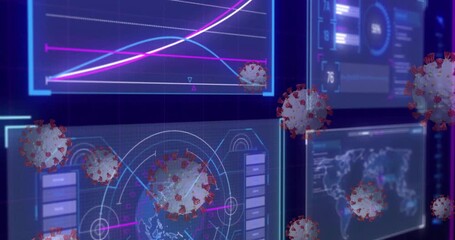 Poster - Virus models emerging from right drifting across neon panels simulating outbreak and obscuring data