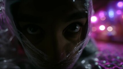 Poster - A man in a bubble wrap hood looks out of a tunnel surrounded by glowing bubbles in purple and pink tones