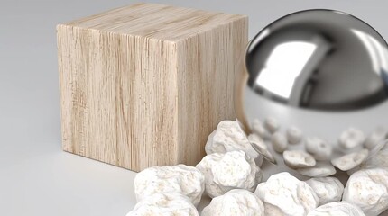Poster - Explore the unique interaction between a reflective sphere, a wooden cube, and organic rocks in a simple yet striking composition