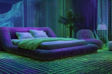 Poster - Futuristic bedroom design featuring neon wireframe structures and vibrant lighting effects at night