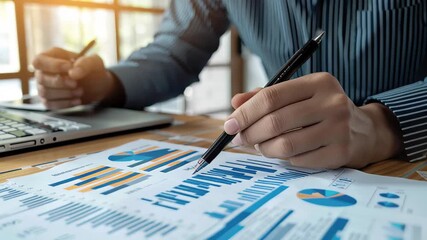 Poster - Business analysis meeting focusing on financial reports and data trends in a professional office setting