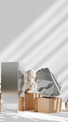 Poster - Stylish arrangement features natural stones, wood, and geometric shapes in a minimalistic setting that highlights modern decor trends
