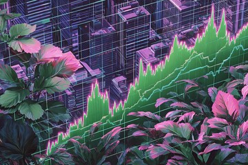 Poster - Digital landscape of urban growth and nature merging in vibrant colors during daytime