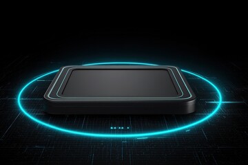 Fototapete - Innovative technology showcasing a sleek device on a glowing circular background in a modern digital environment